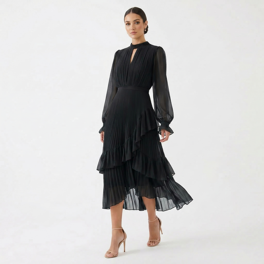 Mariana - Vestido Plisado con Mangas Fluidas y Volantes Asimétricos, vista 2 – Lucia Navarro