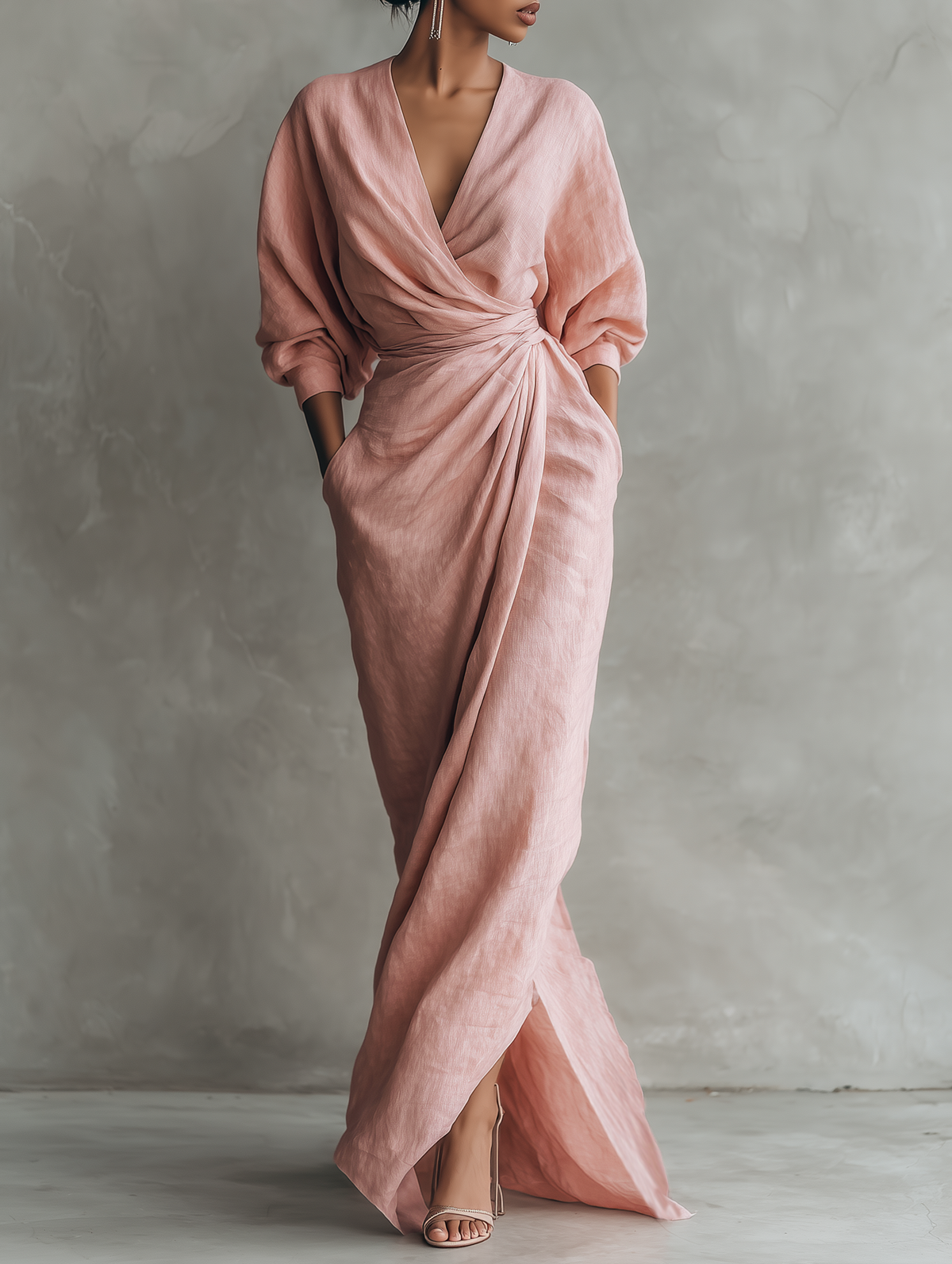 Alma - Vestido Maxi Minimalista de Mezcla de Lino con Escote en V – Lucia Navarro