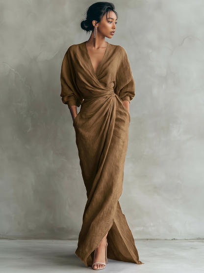 Alma - Vestido Maxi Minimalista de Mezcla de Lino con Escote en V, vista 11 – Lucia Navarro
