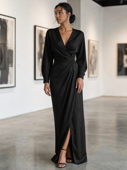 Alma - Vestido Maxi Minimalista de Mezcla de Lino con Escote en V, vista 3 – Lucia Navarro