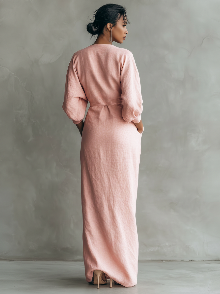 Alma - Vestido Maxi Minimalista de Mezcla de Lino con Escote en V, vista 4 – Lucia Navarro