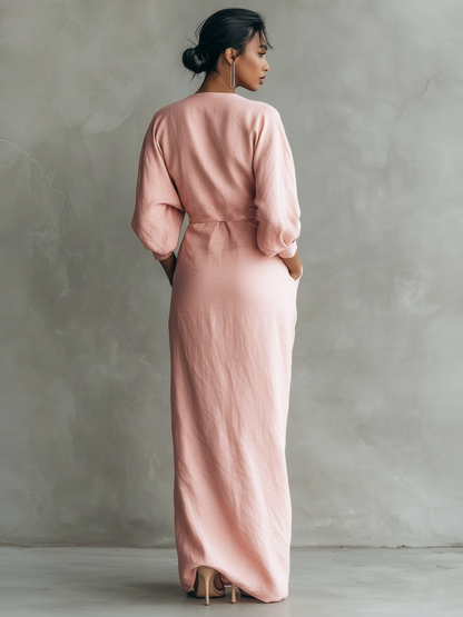 Alma - Vestido Maxi Minimalista de Mezcla de Lino con Escote en V, vista 4 – Lucia Navarro