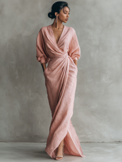 Alma - Vestido Maxi Minimalista de Mezcla de Lino con Escote en V, vista 7 – Lucia Navarro