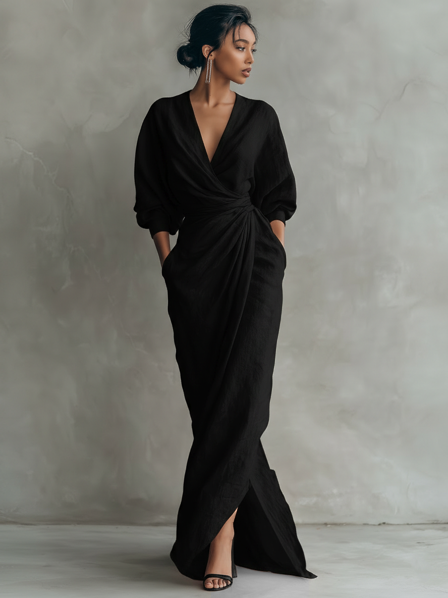 Alma - Vestido Maxi Minimalista de Mezcla de Lino con Escote en V, vista 9 – Lucia Navarro