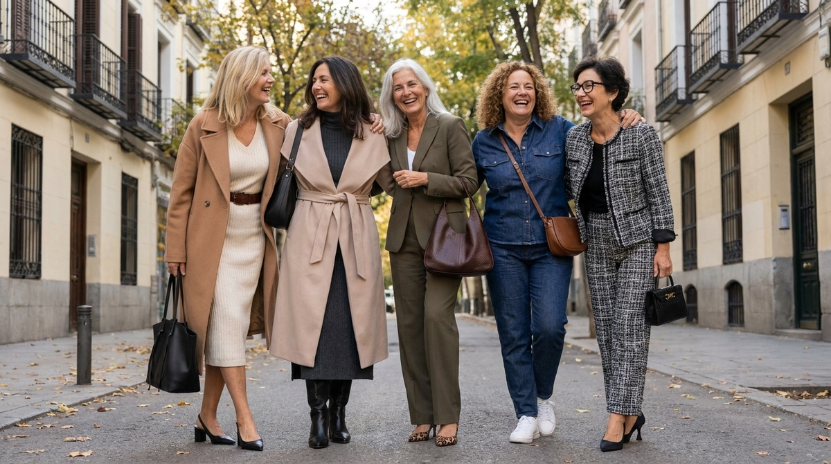 Cinco amigas con looks de otoño en una calle de Madrid