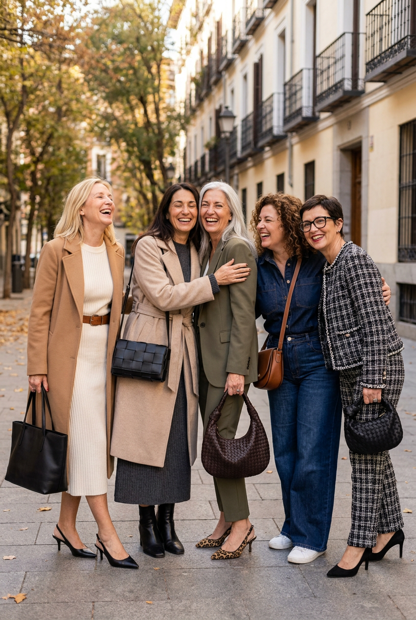 Cinco amigas con looks de otoño en una calle de Madrid