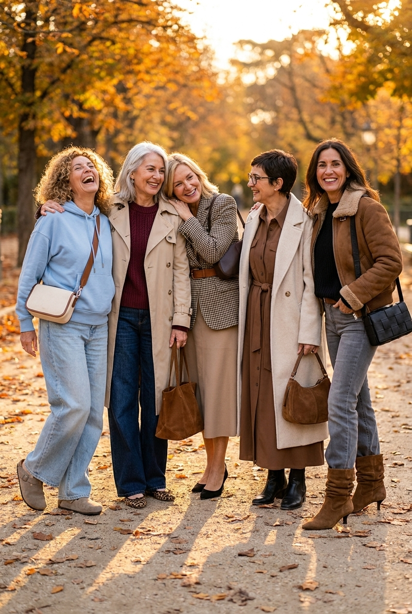 Cinco amigas con looks de otoño en el Parque del Retiro