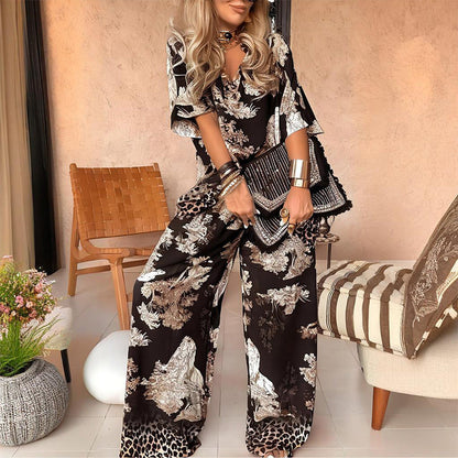 Beatriz - Conjunto Top Estampado Cuello en V + Pantalón Largo – Lucia Navarro