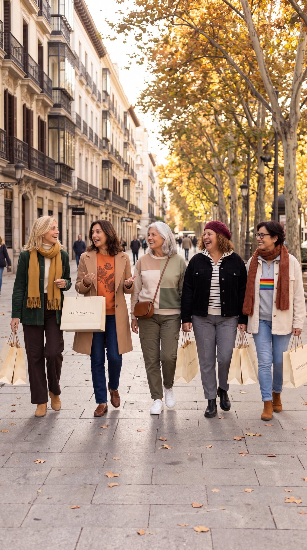 Clientas de Lucia Navarro paseando con sus bolsas en otoño