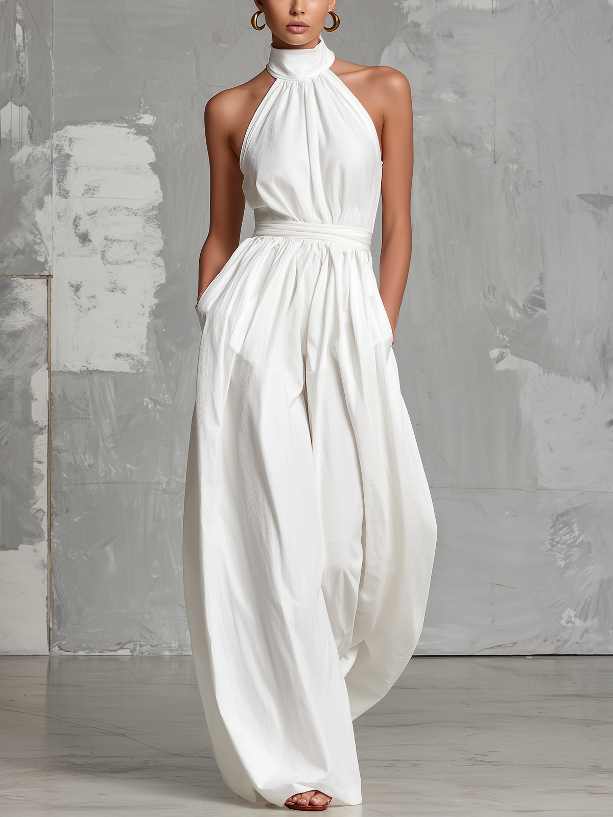 Deria - Mono Elegante sin Mangas con Cuello Halter de Tejido Vaporoso – Lucia Navarro