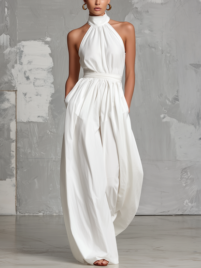 Deria - Mono Elegante sin Mangas con Cuello Halter de Tejido Vaporoso – Lucia Navarro
