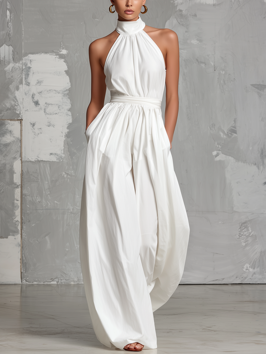 Deria - Mono Elegante sin Mangas con Cuello Halter de Tejido Vaporoso – Lucia Navarro
