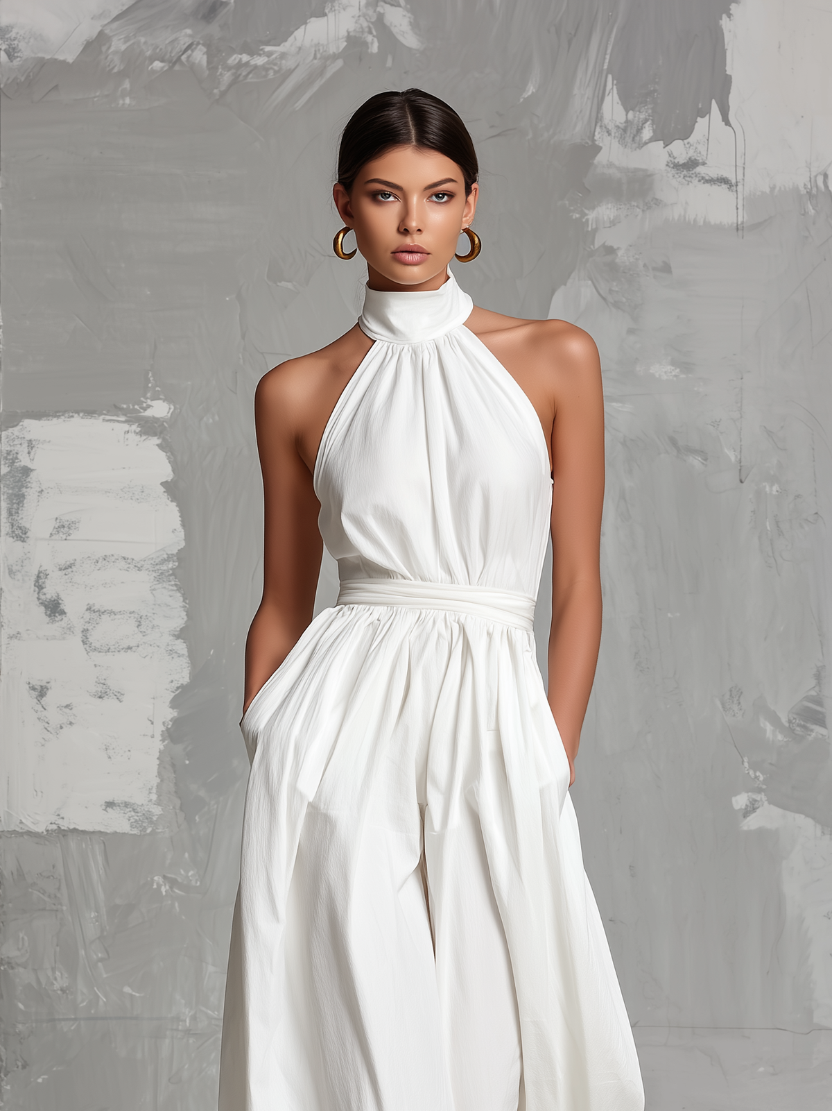 Deria - Mono Elegante sin Mangas con Cuello Halter de Tejido Vaporoso, vista 2 – Lucia Navarro