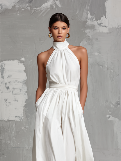 Deria - Mono Elegante sin Mangas con Cuello Halter de Tejido Vaporoso, vista 2 – Lucia Navarro