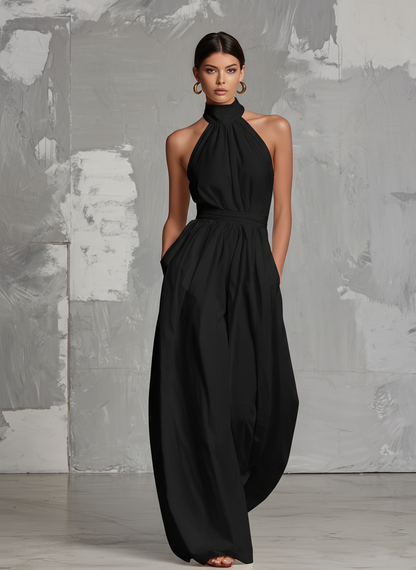Deria - Mono Elegante sin Mangas con Cuello Halter de Tejido Vaporoso, vista 3 – Lucia Navarro