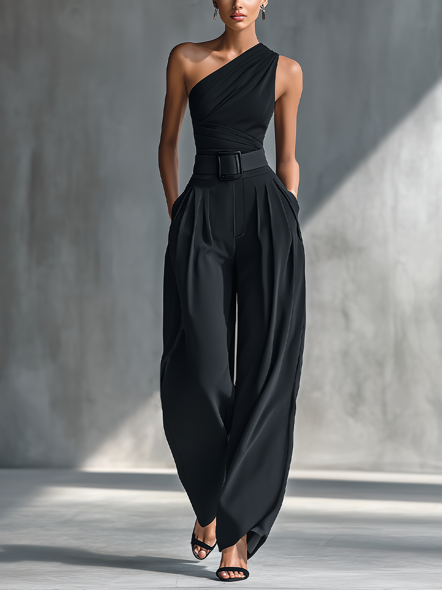 Georgina - Conjunto de Top de Punto Elástico y Pantalón Ancho de Acetato en Negro – Lucia Navarro