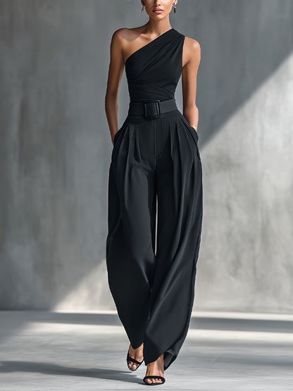 Georgina - Conjunto de Top de Punto Elástico y Pantalón Ancho de Acetato en Negro – Lucia Navarro
