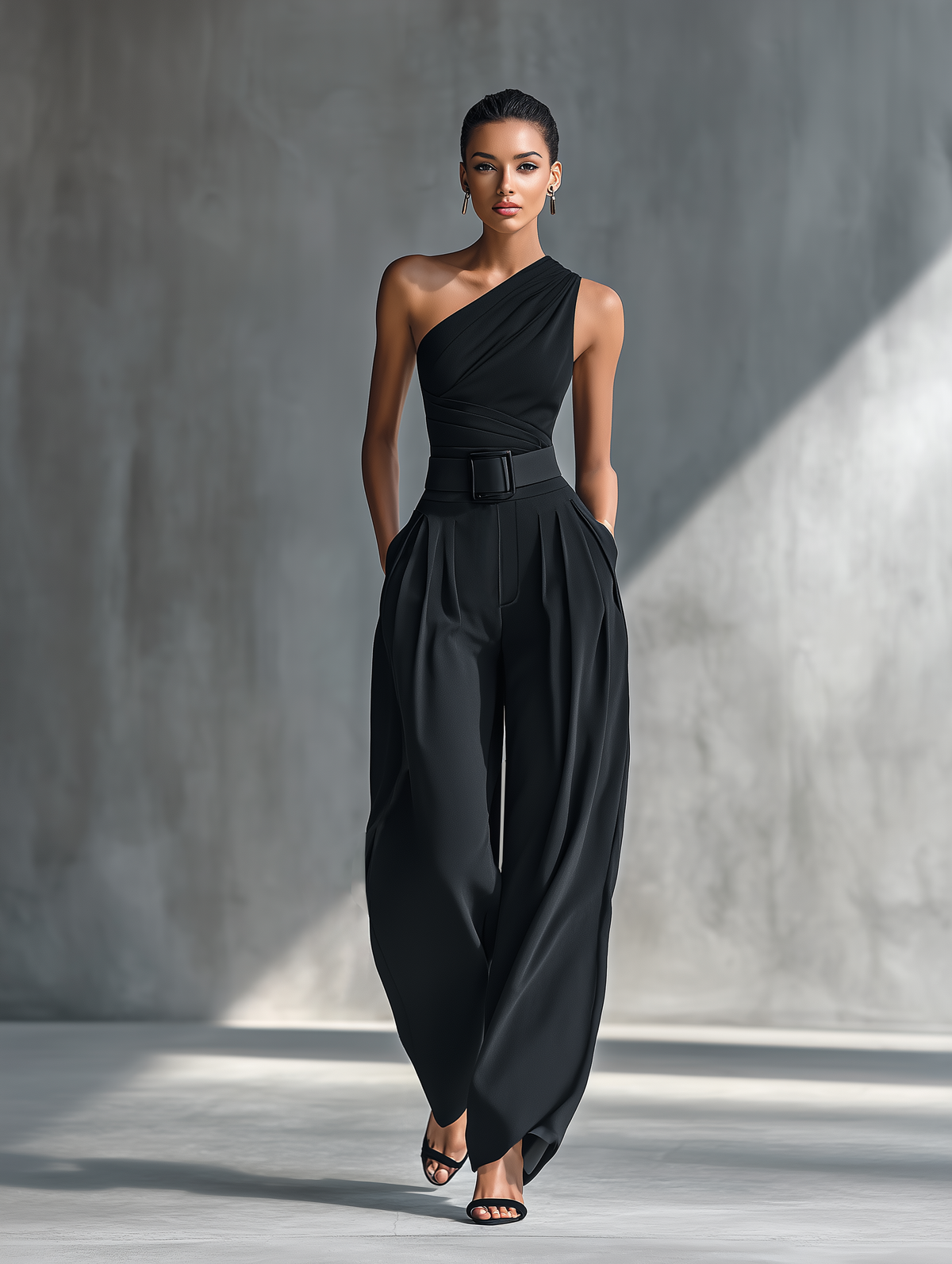 Georgina - Conjunto de Top de Punto Elástico y Pantalón Ancho de Acetato en Negro, vista 2 – Lucia Navarro