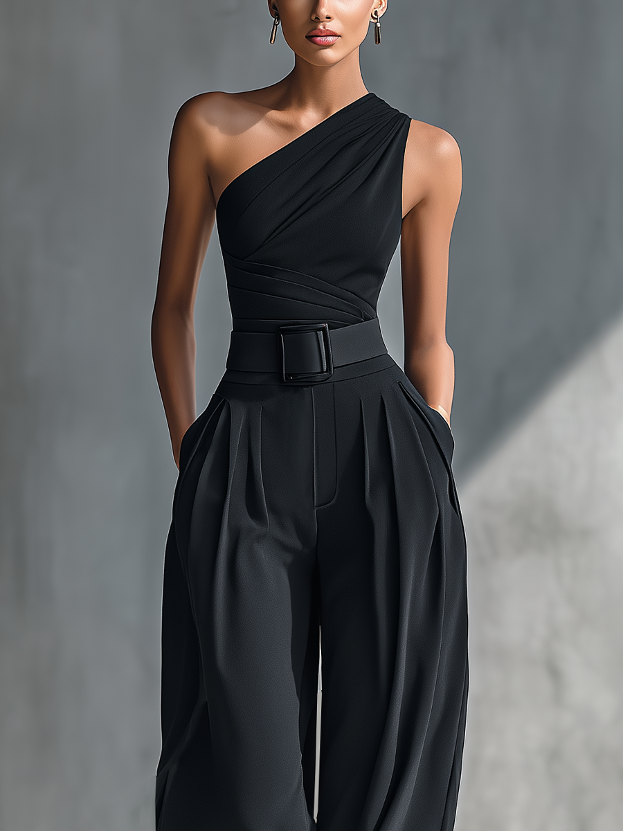 Georgina - Conjunto de Top de Punto Elástico y Pantalón Ancho de Acetato en Negro, vista 3 – Lucia Navarro