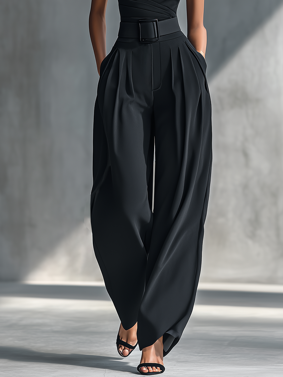 Georgina - Conjunto de Top de Punto Elástico y Pantalón Ancho de Acetato en Negro, vista 4 – Lucia Navarro