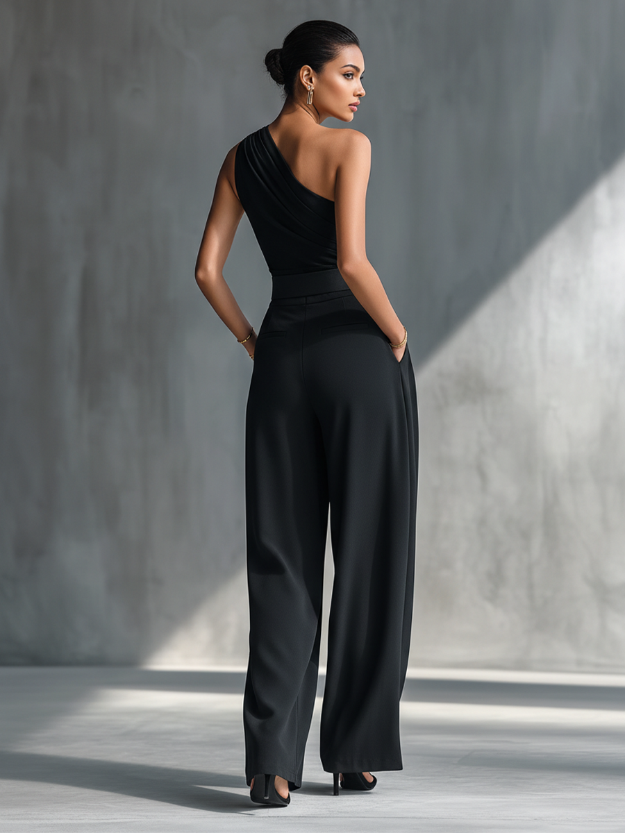 Georgina - Conjunto de Top de Punto Elástico y Pantalón Ancho de Acetato en Negro, vista 5 – Lucia Navarro
