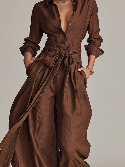 Graciela - Mono de Lino y Algodón con Cuello Camisero y Cinturón, vista 3 – Lucia Navarro
