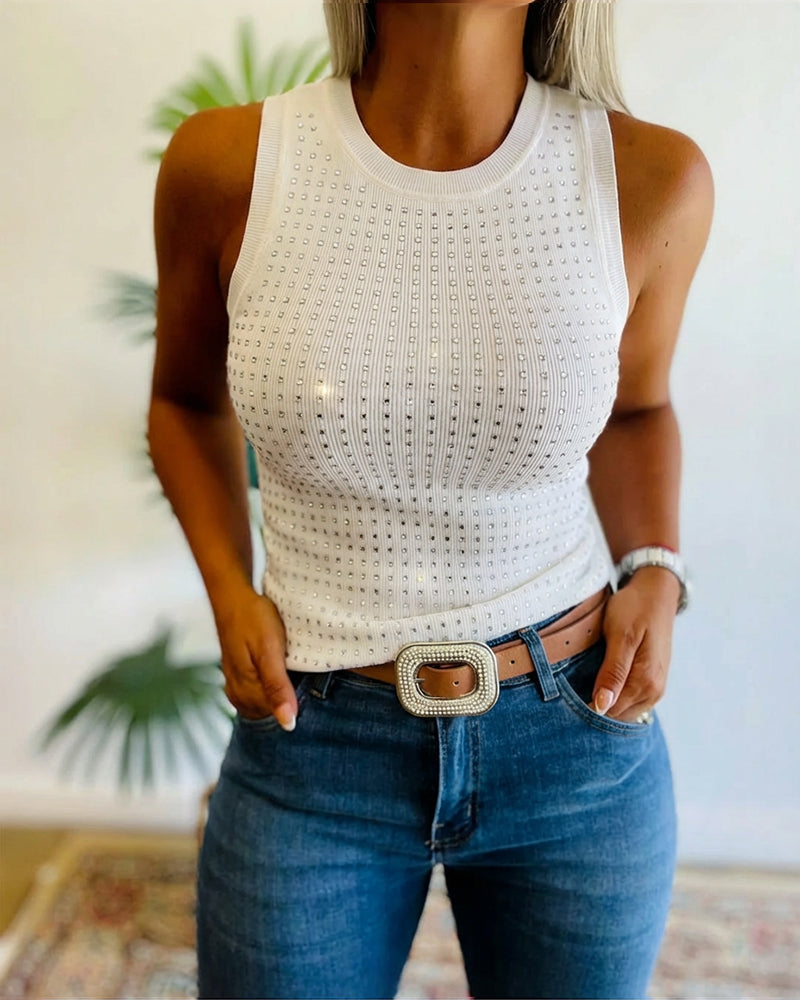Julia - Top de Punto Acanalado con Decoración de Pedrería y Cuello Redondo, vista 11 – Lucia Navarro