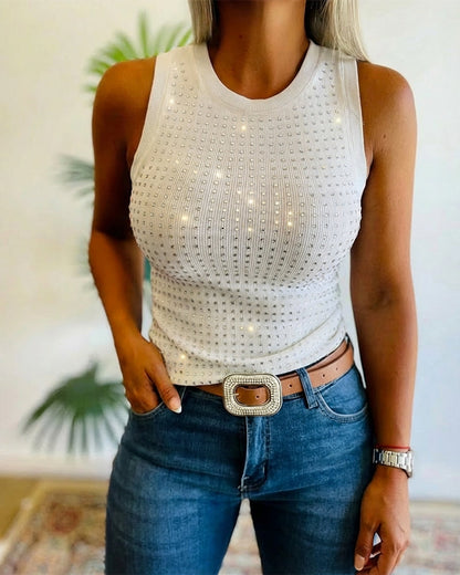 Julia - Top de Punto Acanalado con Decoración de Pedrería y Cuello Redondo, vista 14 – Lucia Navarro