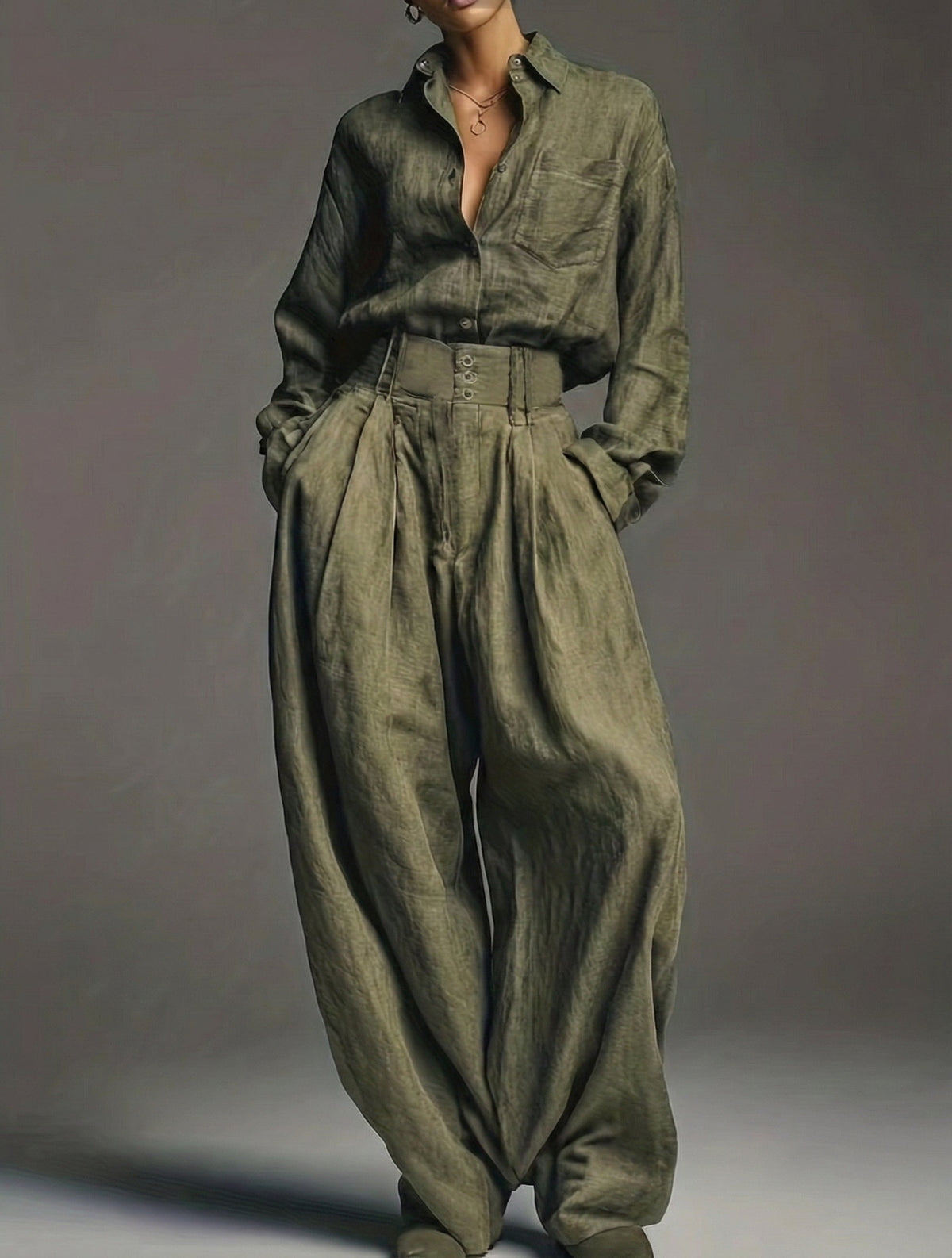 Lia - Conjunto de Lino Verde Militar – Lucia Navarro
