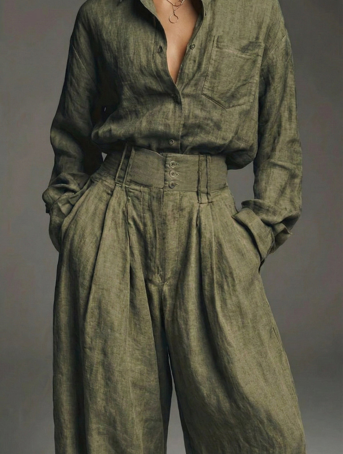Lia - Conjunto de Lino Verde Militar, vista 2 – Lucia Navarro
