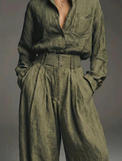 Lia - Conjunto de Lino Verde Militar, vista 2 – Lucia Navarro