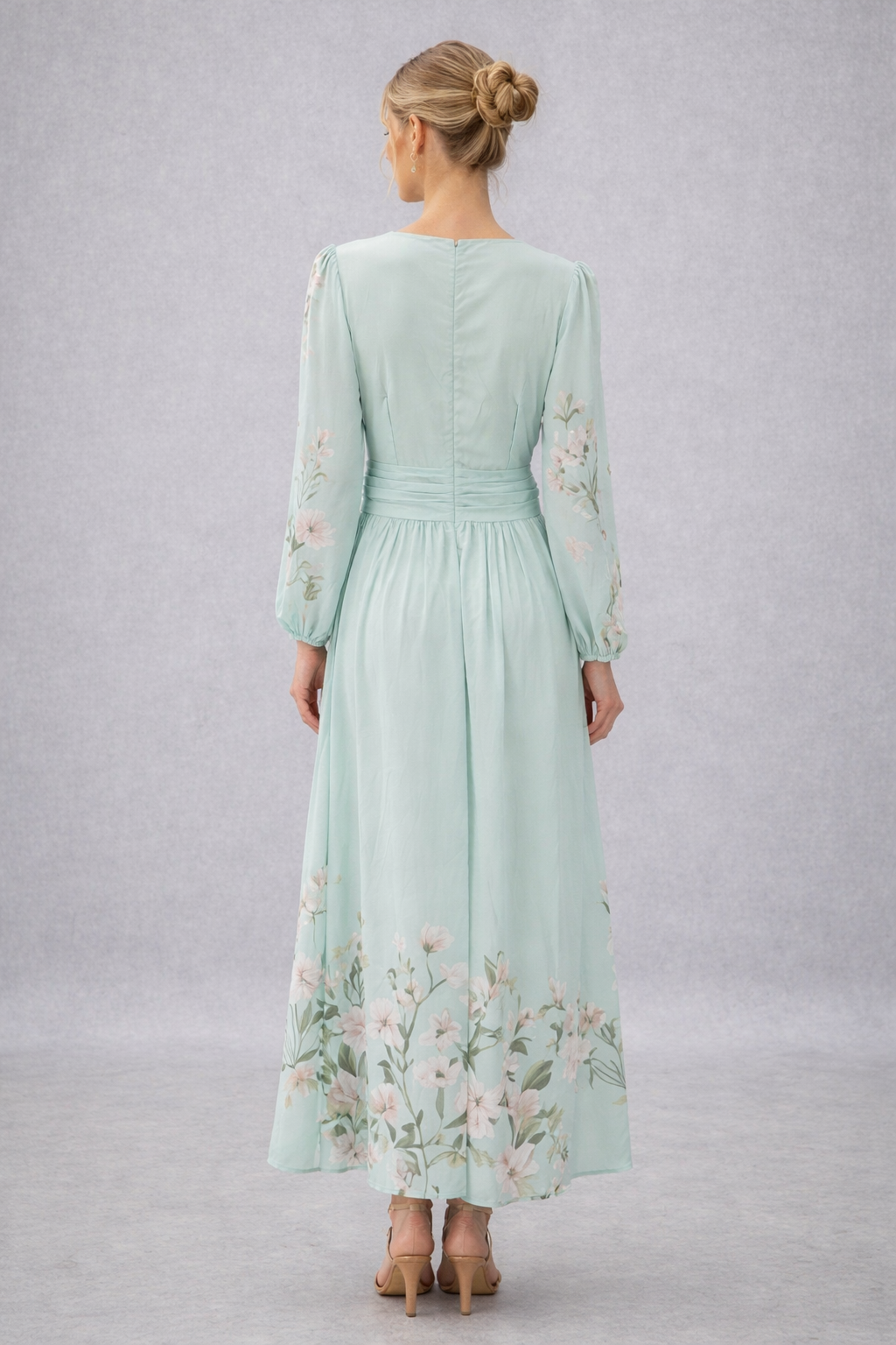 Macarena - Vestido Largo Floral Mint Elegante, vista 3 – Lucia Navarro