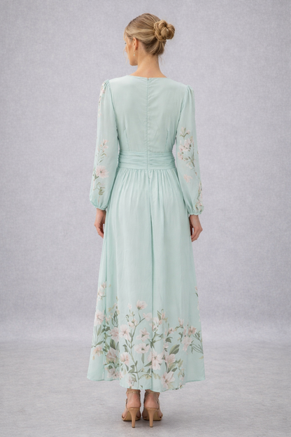 Macarena - Vestido Largo Floral Mint Elegante, vista 3 – Lucia Navarro