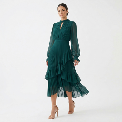 Mariana - Vestido Plisado con Mangas Fluidas y Volantes Asimétricos – Lucia Navarro