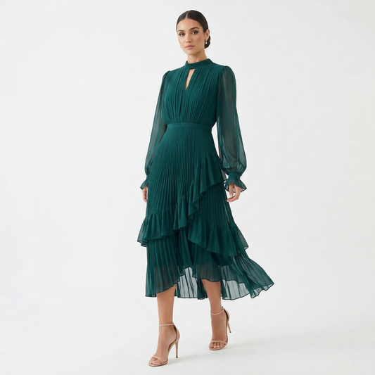 Mariana - Vestido Plisado con Mangas Fluidas y Volantes Asimétricos – Lucia Navarro