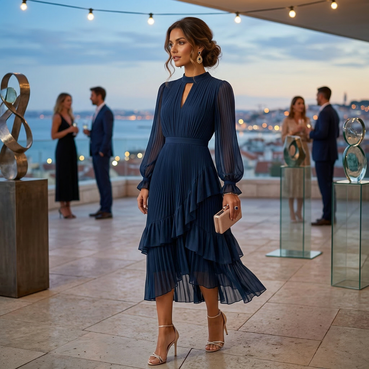 Mariana - Vestido Plisado con Mangas Fluidas y Volantes Asimétricos, vista 14 – Lucia Navarro