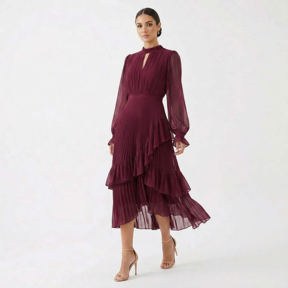 Mariana - Vestido Plisado con Mangas Fluidas y Volantes Asimétricos, vista 3 – Lucia Navarro
