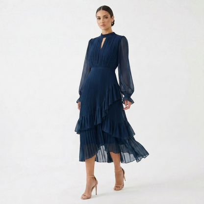 Mariana - Vestido Plisado con Mangas Fluidas y Volantes Asimétricos, vista 4 – Lucia Navarro
