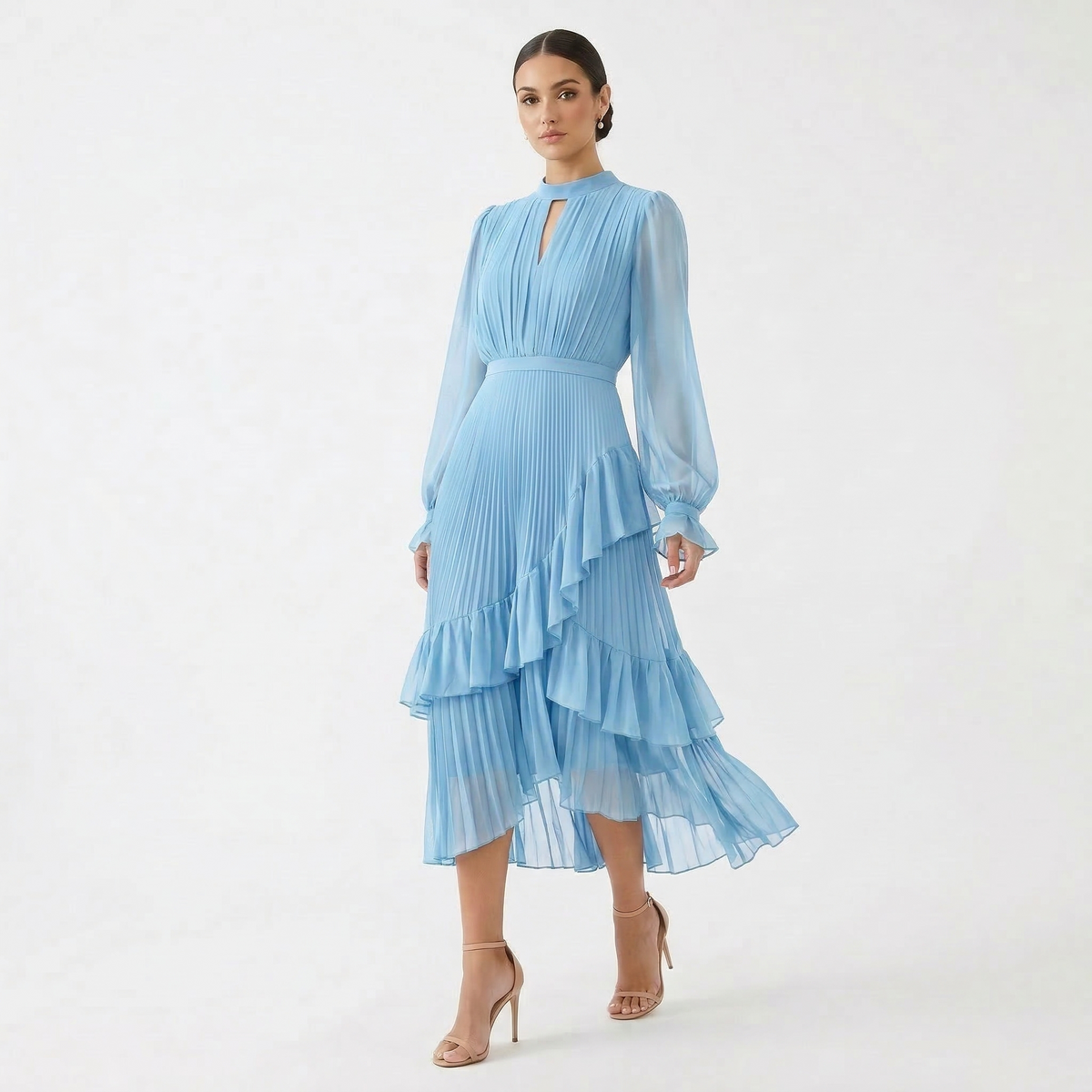 Mariana - Vestido Plisado con Mangas Fluidas y Volantes Asimétricos, vista 5 – Lucia Navarro