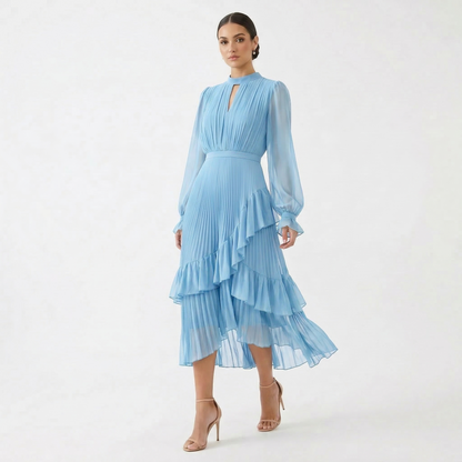 Mariana - Vestido Plisado con Mangas Fluidas y Volantes Asimétricos, vista 5 – Lucia Navarro