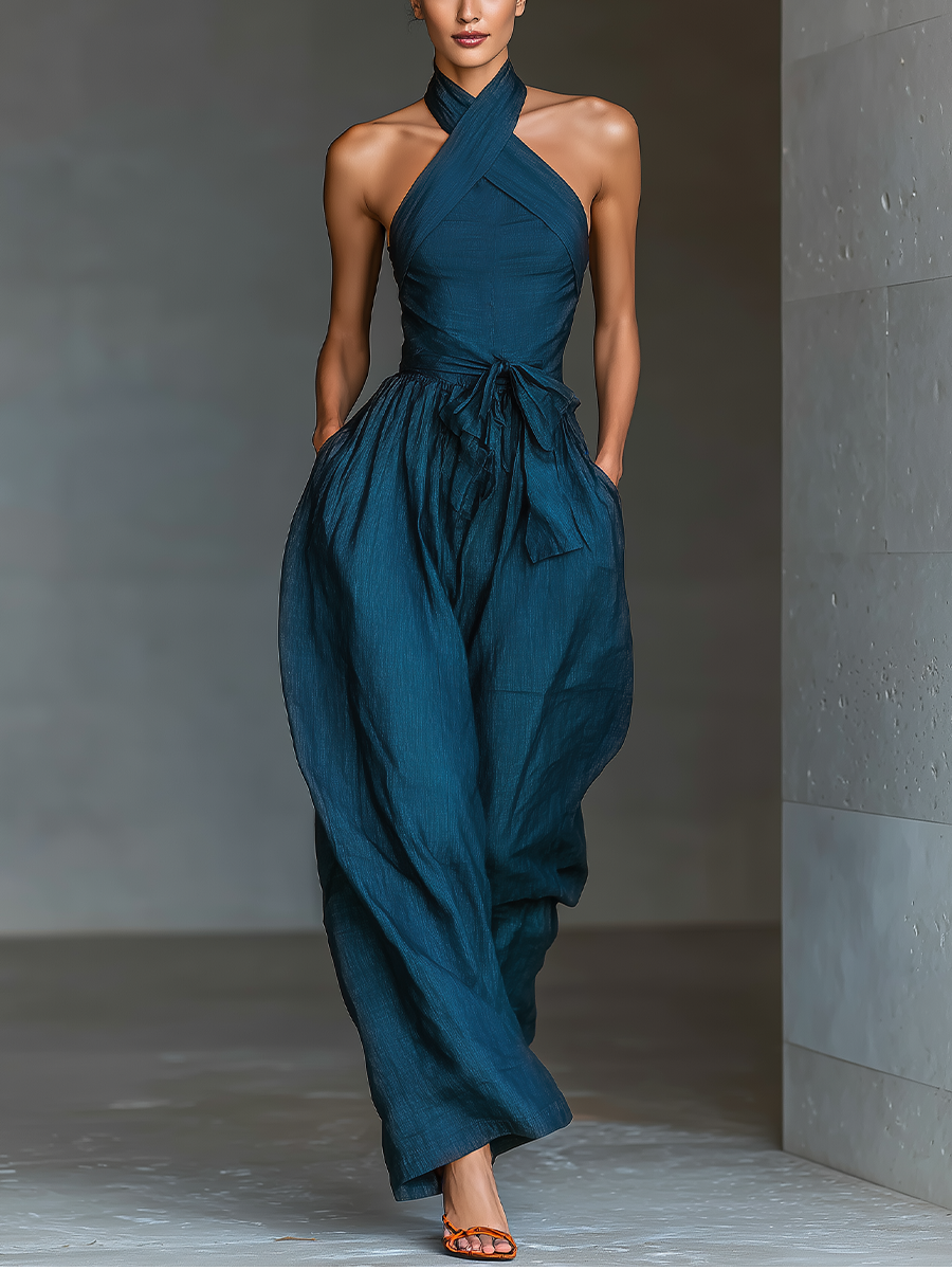 Mia - Mono de Lino Azul Marino con Cuello Halter Cruzado, Pierna Ancha y Nudo en la Cintura – Lucia Navarro