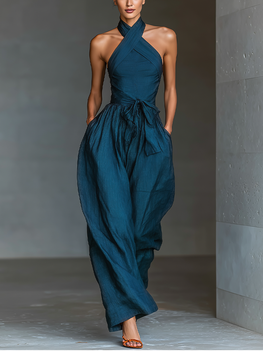 Mia - Mono de Lino Azul Marino con Cuello Halter Cruzado, Pierna Ancha y Nudo en la Cintura – Lucia Navarro