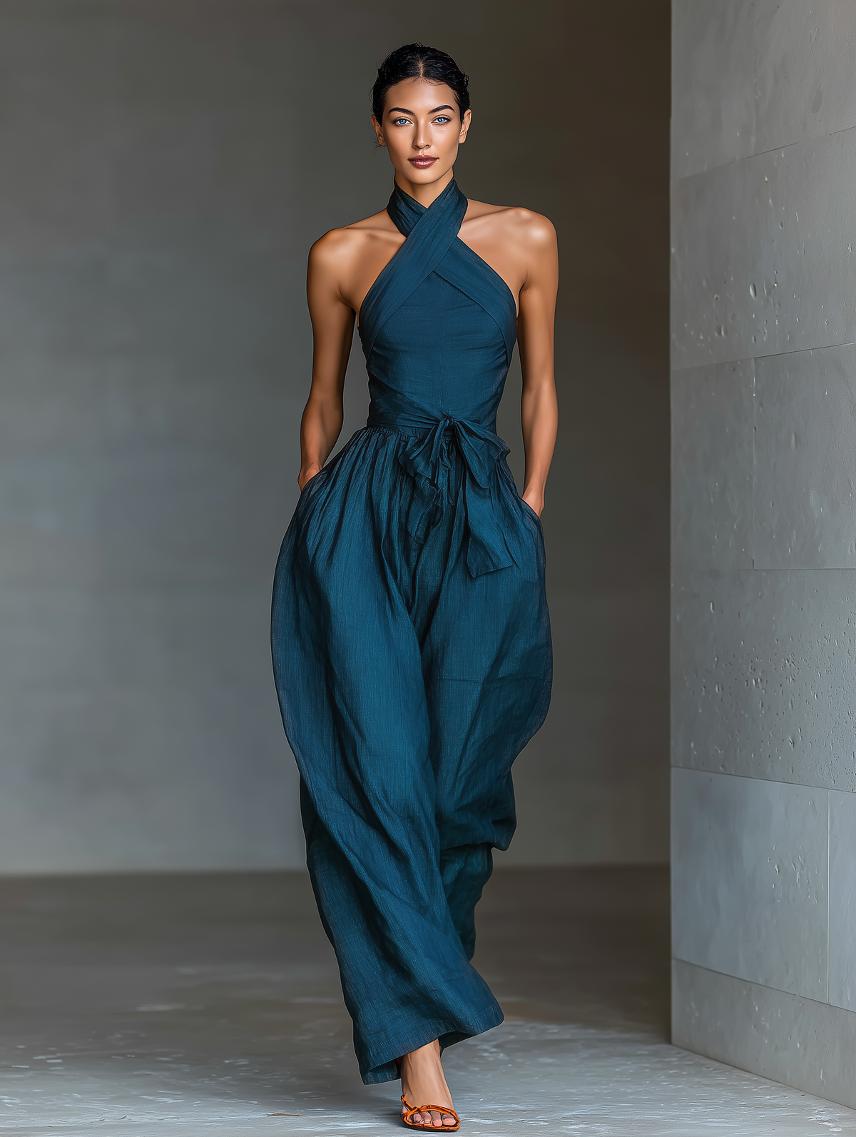 Mia - Mono de Lino Azul Marino con Cuello Halter Cruzado, Pierna Ancha y Nudo en la Cintura, vista 2 – Lucia Navarro