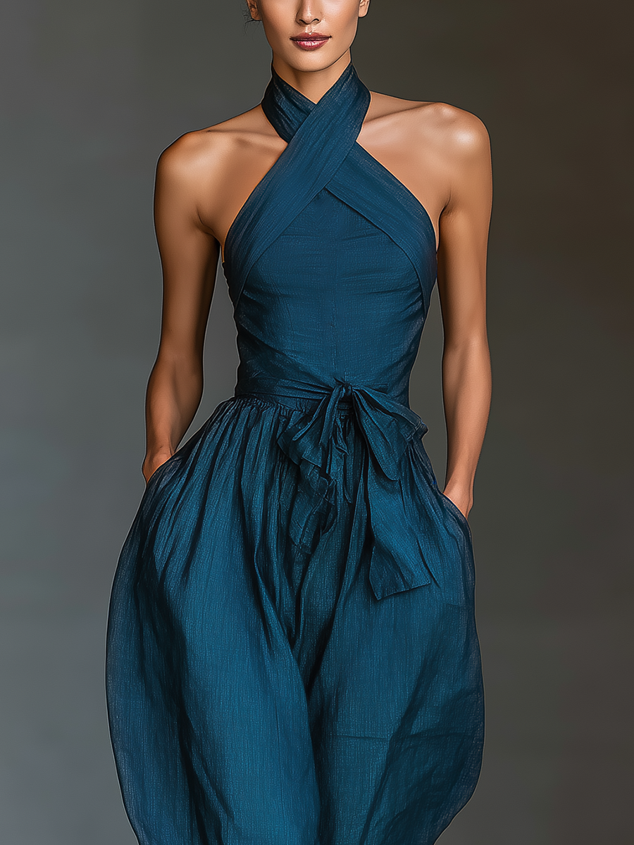 Mia - Mono de Lino Azul Marino con Cuello Halter Cruzado, Pierna Ancha y Nudo en la Cintura, vista 3 – Lucia Navarro