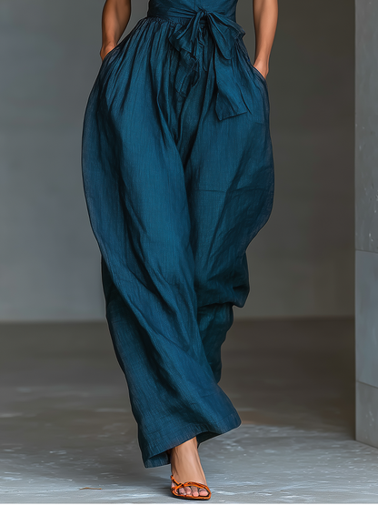 Mia - Mono de Lino Azul Marino con Cuello Halter Cruzado, Pierna Ancha y Nudo en la Cintura, vista 4 – Lucia Navarro