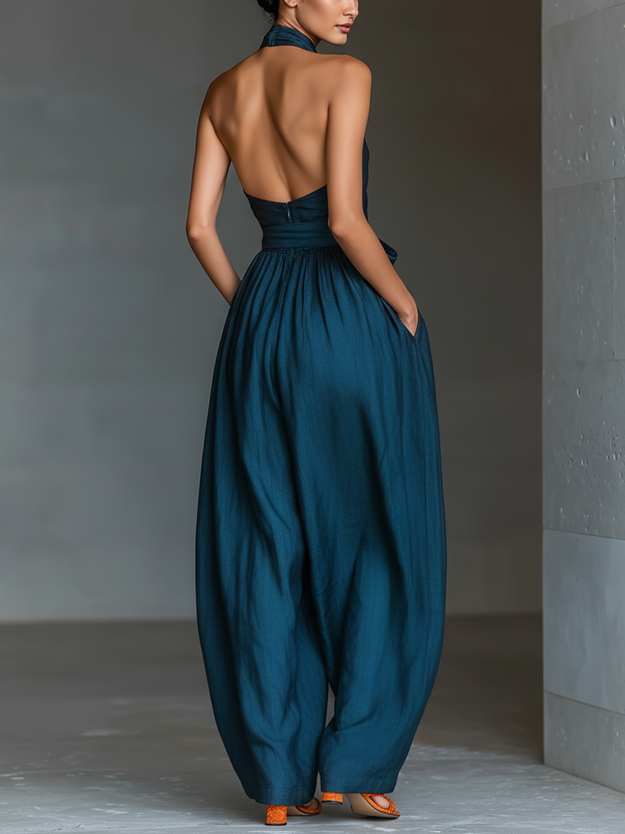 Mia - Mono de Lino Azul Marino con Cuello Halter Cruzado, Pierna Ancha y Nudo en la Cintura, vista 5 – Lucia Navarro