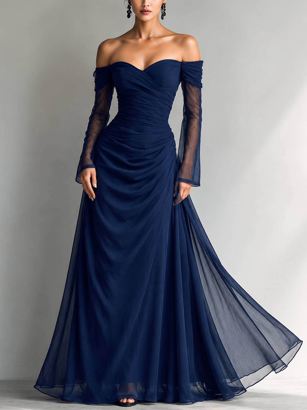 Reyna - Vestido Maxi Entallado de Gasa Off-Shoulder con Manga Larga en Azul Oscuro – Lucia Navarro