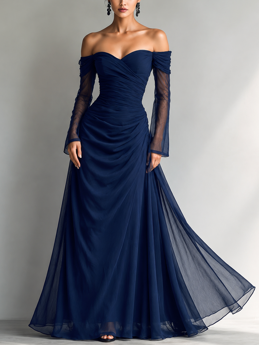 Reyna - Vestido Maxi Entallado de Gasa Off-Shoulder con Manga Larga en Azul Oscuro – Lucia Navarro