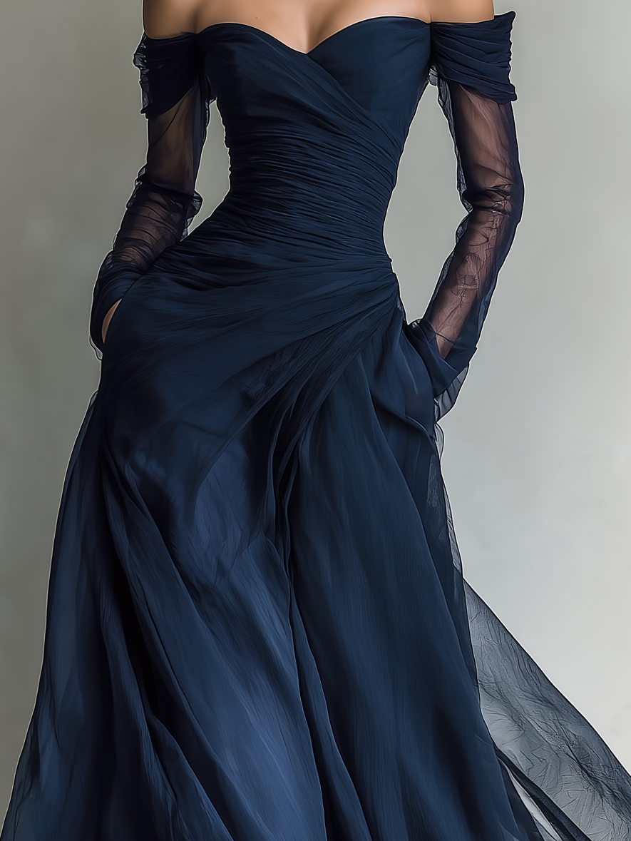 Reyna - Vestido Maxi Entallado de Gasa Off-Shoulder con Manga Larga en Azul Oscuro, vista 4 – Lucia Navarro