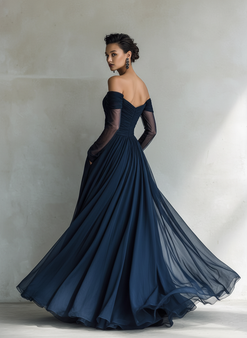 Reyna - Vestido Maxi Entallado de Gasa Off-Shoulder con Manga Larga en Azul Oscuro, vista 5 – Lucia Navarro